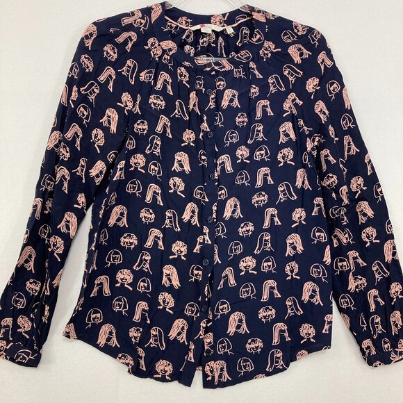 Boden Chit Chat Navy Pink Face Print Long Sleeve Button Down Size US 2 - Picture 1 of 10
